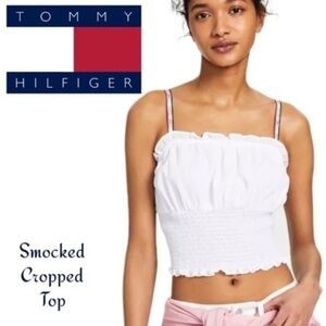 TOMMY JEANS White Smocked Hem Logo Strap Cropped Rayon Tank Top NWT/XL